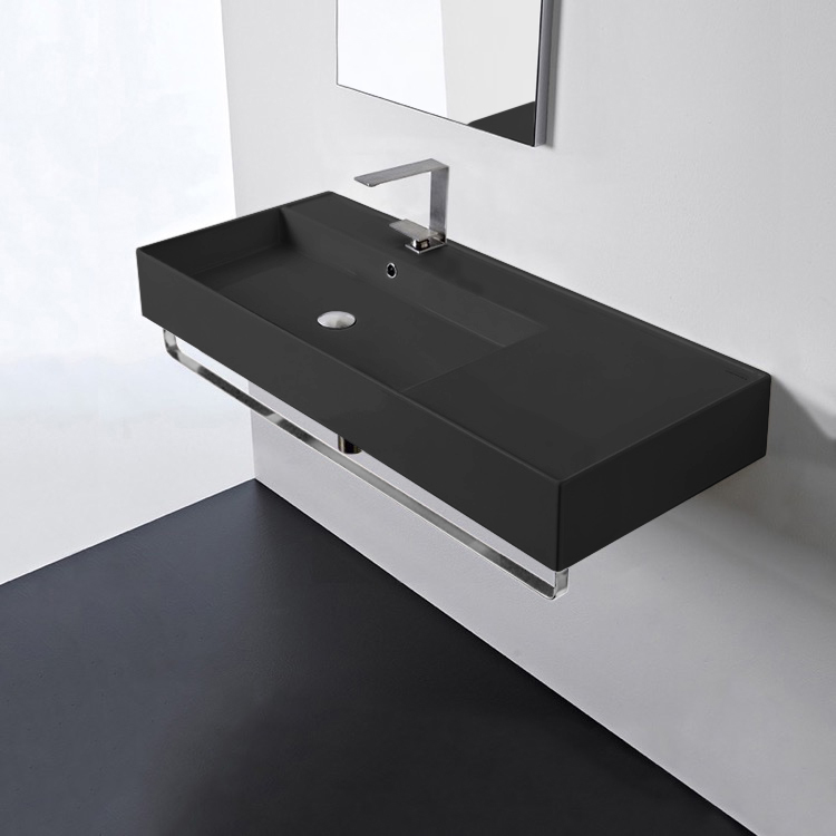 Scarabeo 5119-49-TB-One Hole Matte Black Wall Mounted Sink With Counter Space, Towel Bar Included